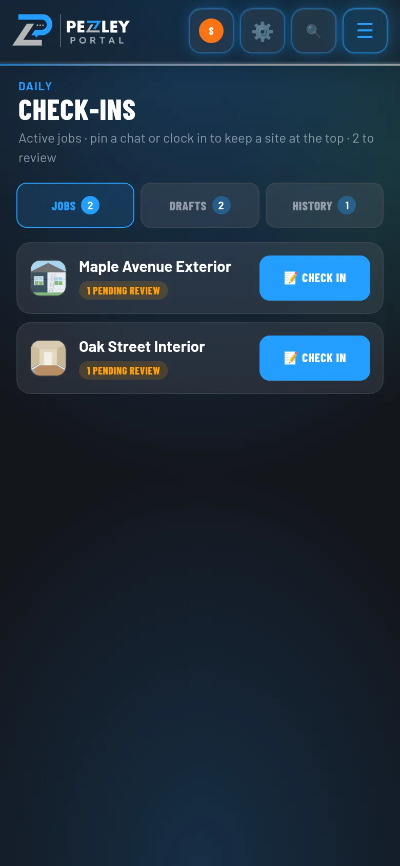 Check-ins screen with two jobs waiting for review.