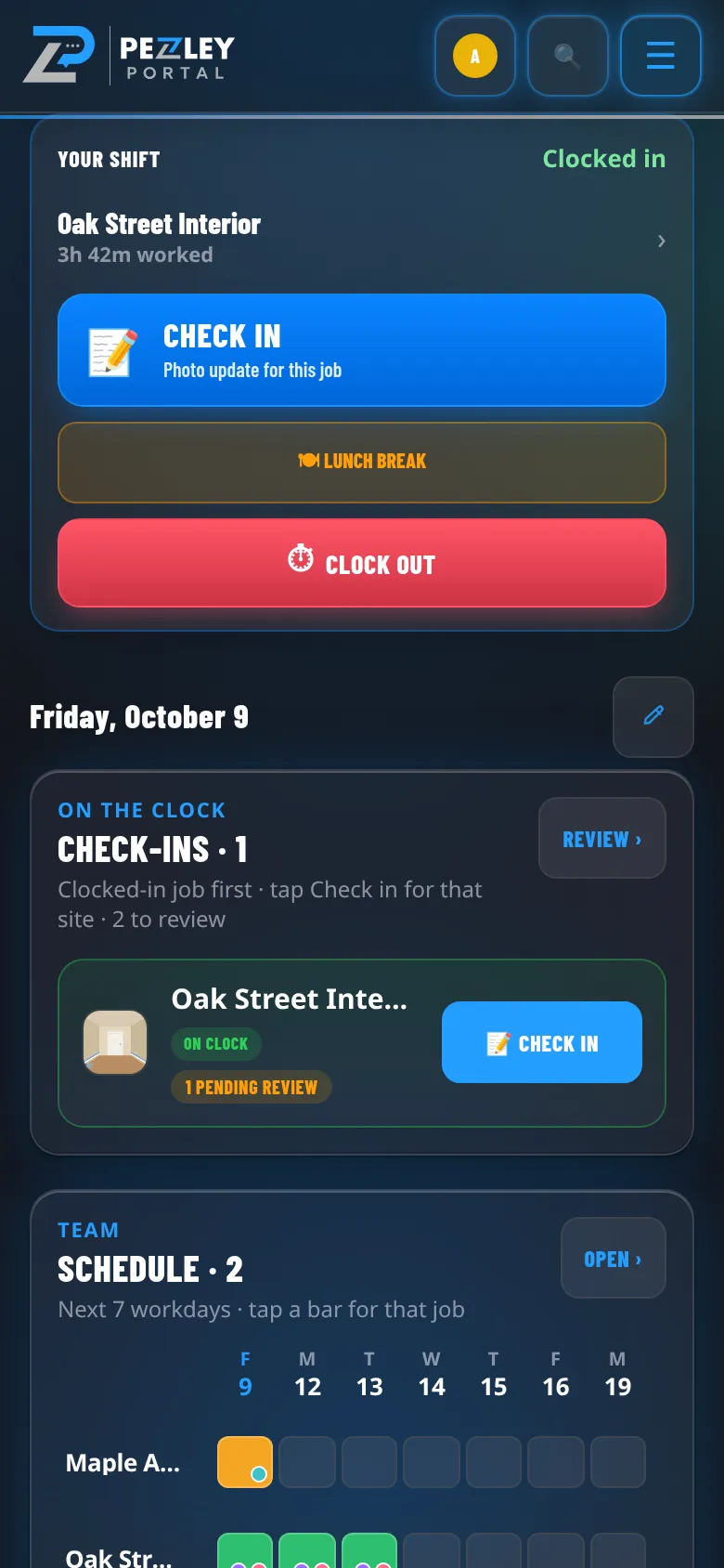 A crew lead's home screen on a phone, clocked in to today's job with buttons to check in and clock out.
