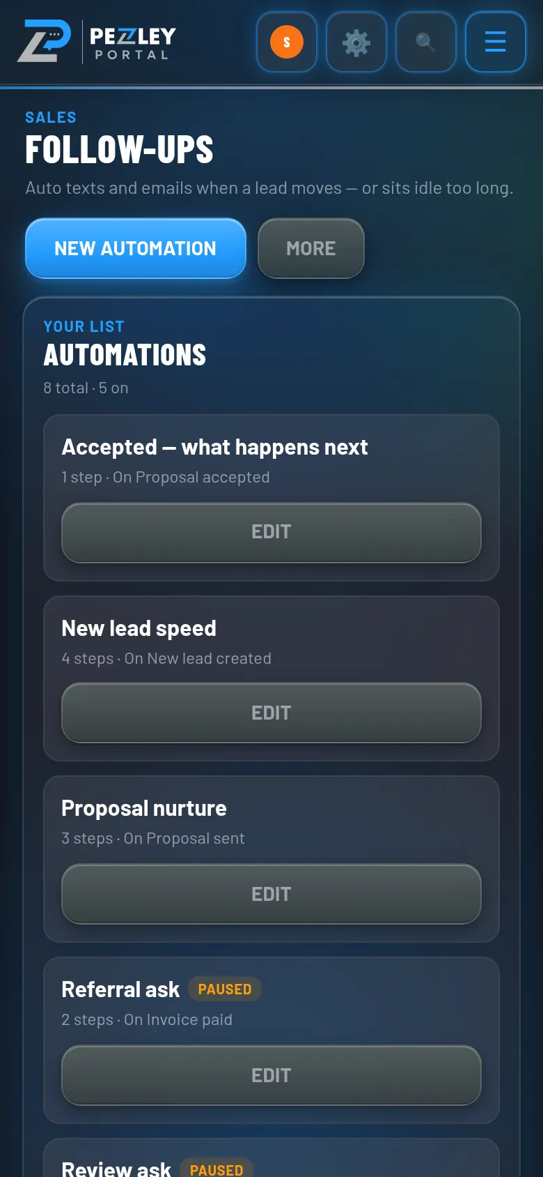 Follow-ups screen listing automatic sequences such as new lead speed, proposal nurture, and referral ask.