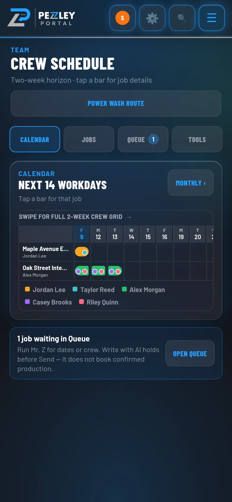 The crew schedule with each job shown as a bar across the next fourteen workdays.
