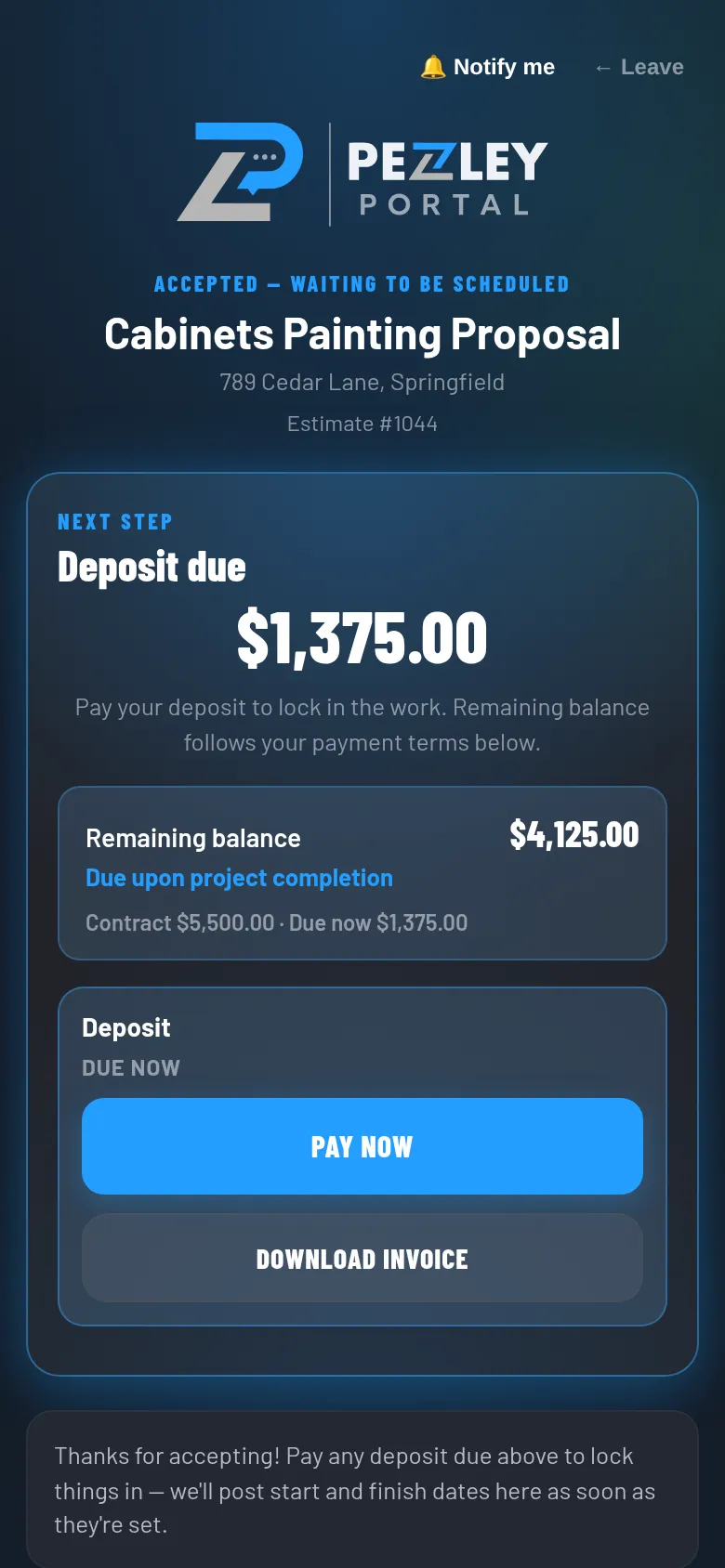 Customer project page after signing, with the deposit due and a Pay now button.