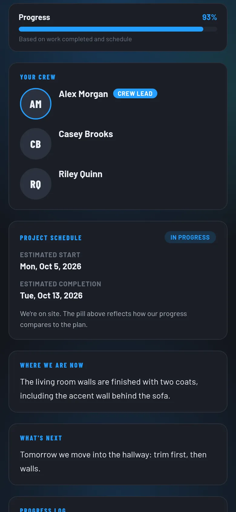 Customer project page with a progress bar, the crew, the schedule, and today's update.