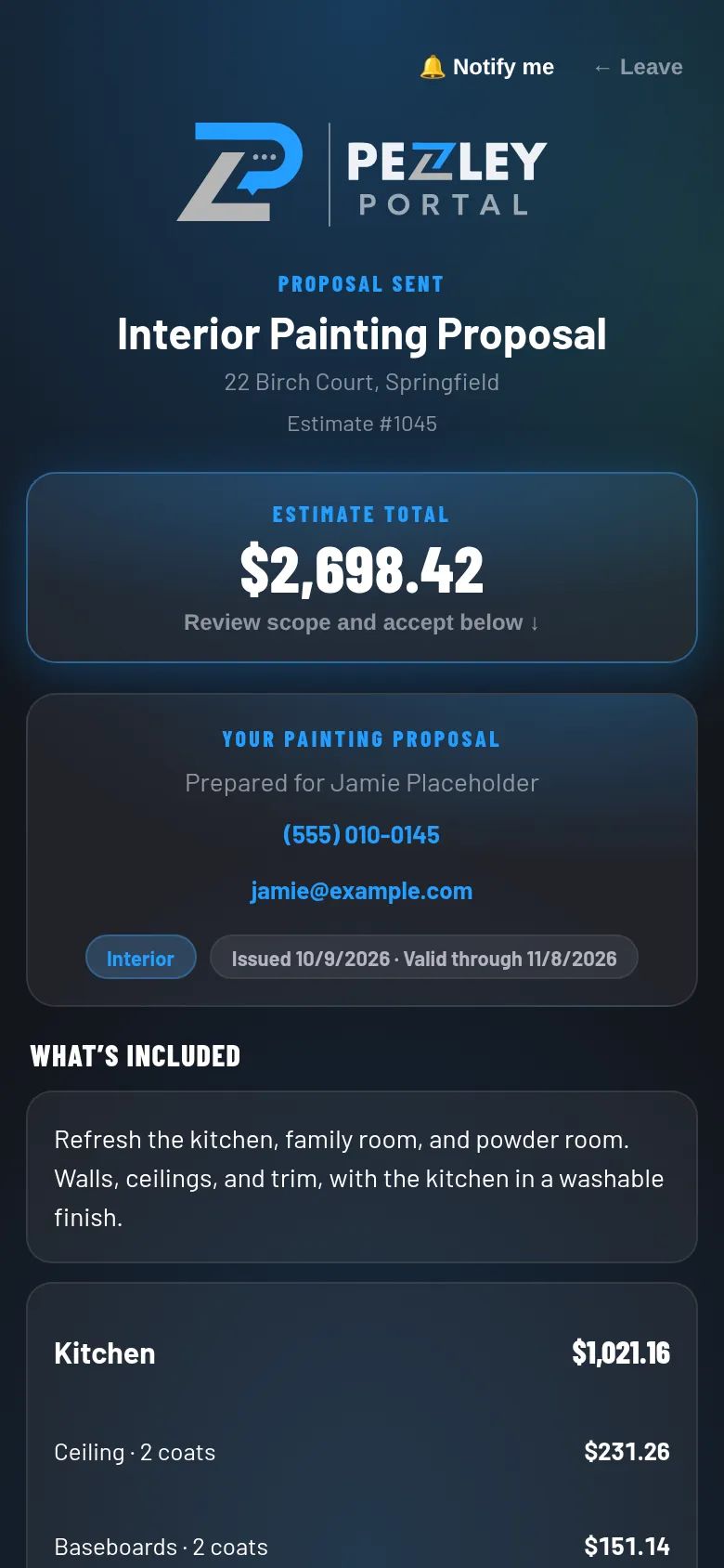 Customer project page showing a painting proposal with its total, ready to review and accept.